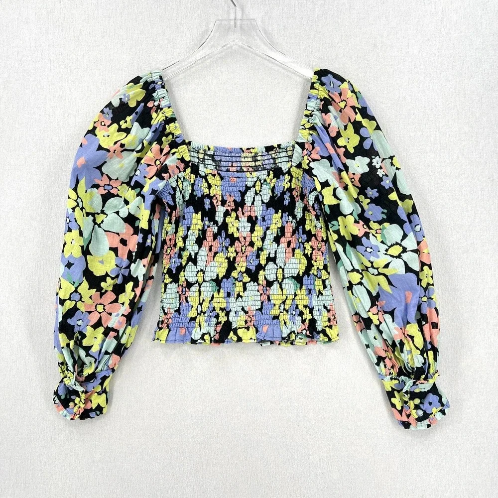 Free People Top Women Extra Small Black Floral Smocked Puff Sleeve Square Neck